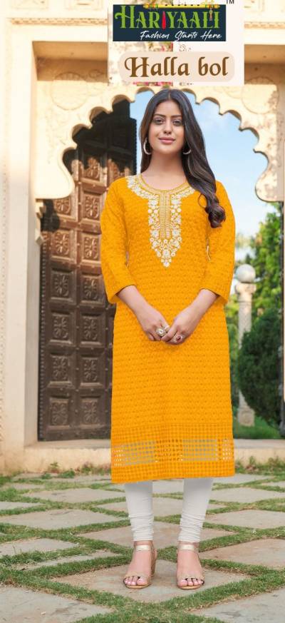 Halla Bol By Hariyaali Attractive Front And Back Work Kurti Collection